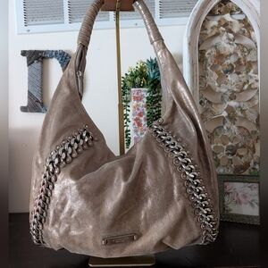 Michael Kors Metallic Pewter Chain-Link Leather Hobo Bag